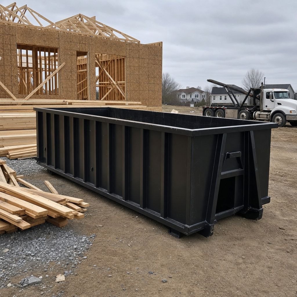 Matte-black 40-yard roll-off dumpster staged on a framed-out residential construction site in Sarasota, framing lumber stacked nearby, hooklift delivery truck visible in the background under bright Colorado daylight