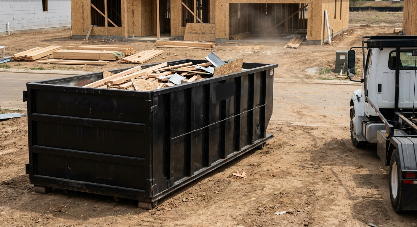 Matte-black 20-yard roll-off construction dumpster with heavy ribbed steel sidewalls and swing rear doors at a working jobsite in Sarasota, sitting directly on compacted dirt with an unmarked white hauler partially visible at the far edge of the frame.