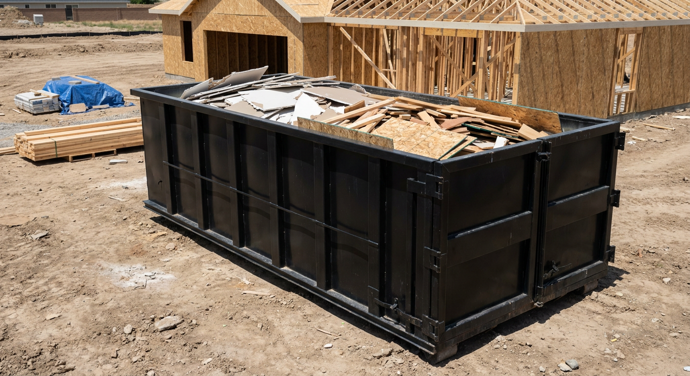 Matte-black 30-yard roll-off construction dumpster sitting directly on the compacted-dirt site of a framed single-family home build in Sarasota, drywall and lumber scrap loaded inside.