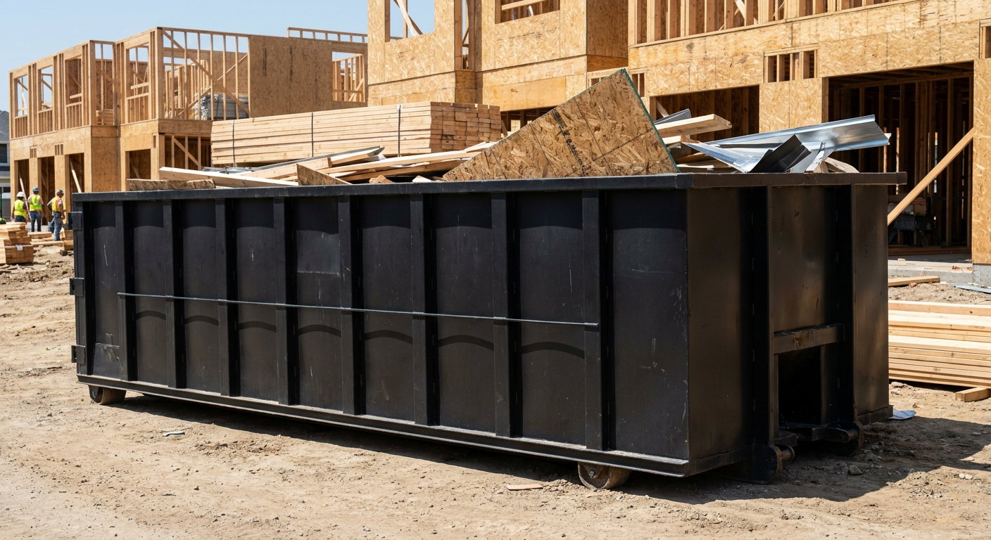 Matte-black 40-yard roll-off construction dumpster being lowered from a white-cab hooklift delivery truck onto the compacted-dirt jobsite at a commercial build site in Sarasota