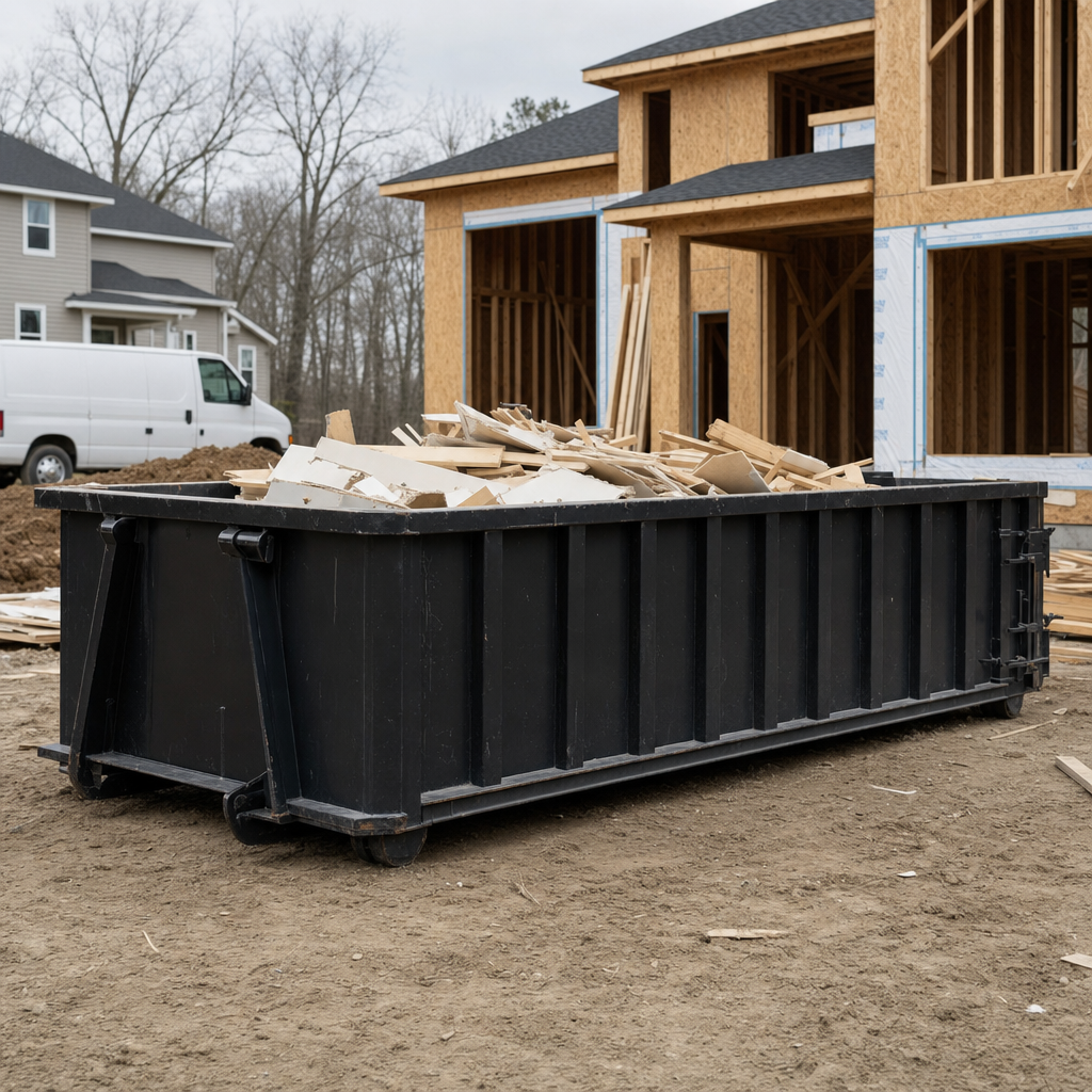 Worker in a yellow high-visibility vest tossing framing lumber and broken drywall into a matte-black 30-yard construction roll-off dumpster on an active build site in Sarasota, bright daylight