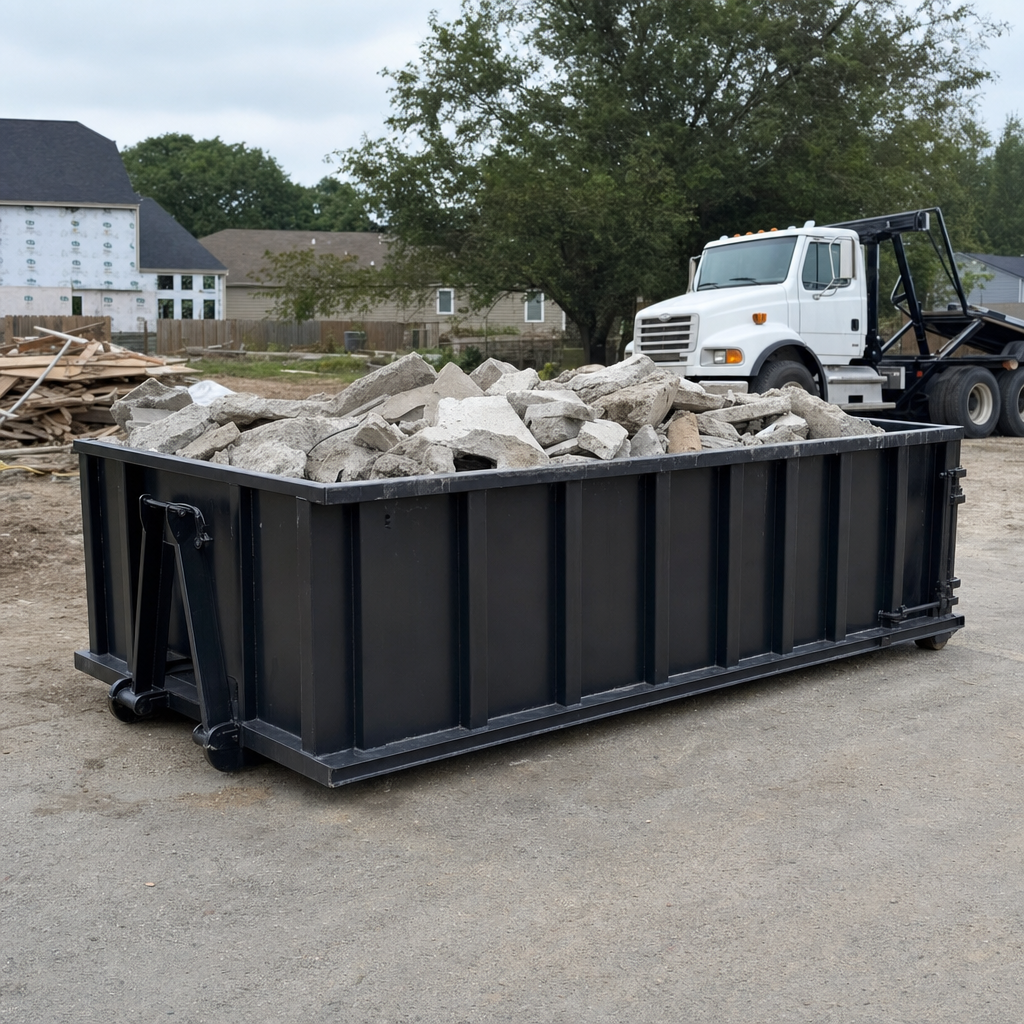 Low-profile matte-black lowboy roll-off dumpster loaded with broken concrete slab and rebar at a foundation tear-out in Sarasota, skid steer parked beside it, sunny Colorado morning