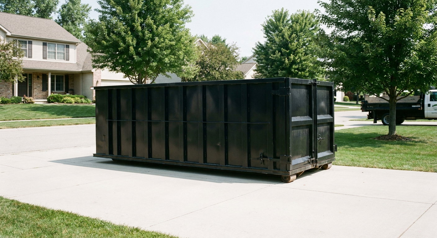 Matte-black 20-yard roll-off dumpster sitting level on a clean Sarasota residential concrete driveway under bright daylight, demonstrating clean placement directly on the concrete.