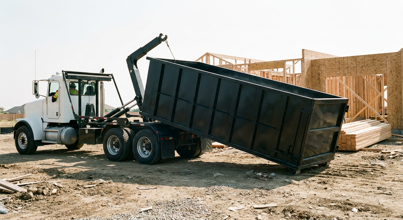 Matte-black roll-off dumpster being delivered onto a clean residential concrete driveway in Sarasota by an unmarked white hooklift hauler truck, bright morning daylight, documentary 35mm perspective.