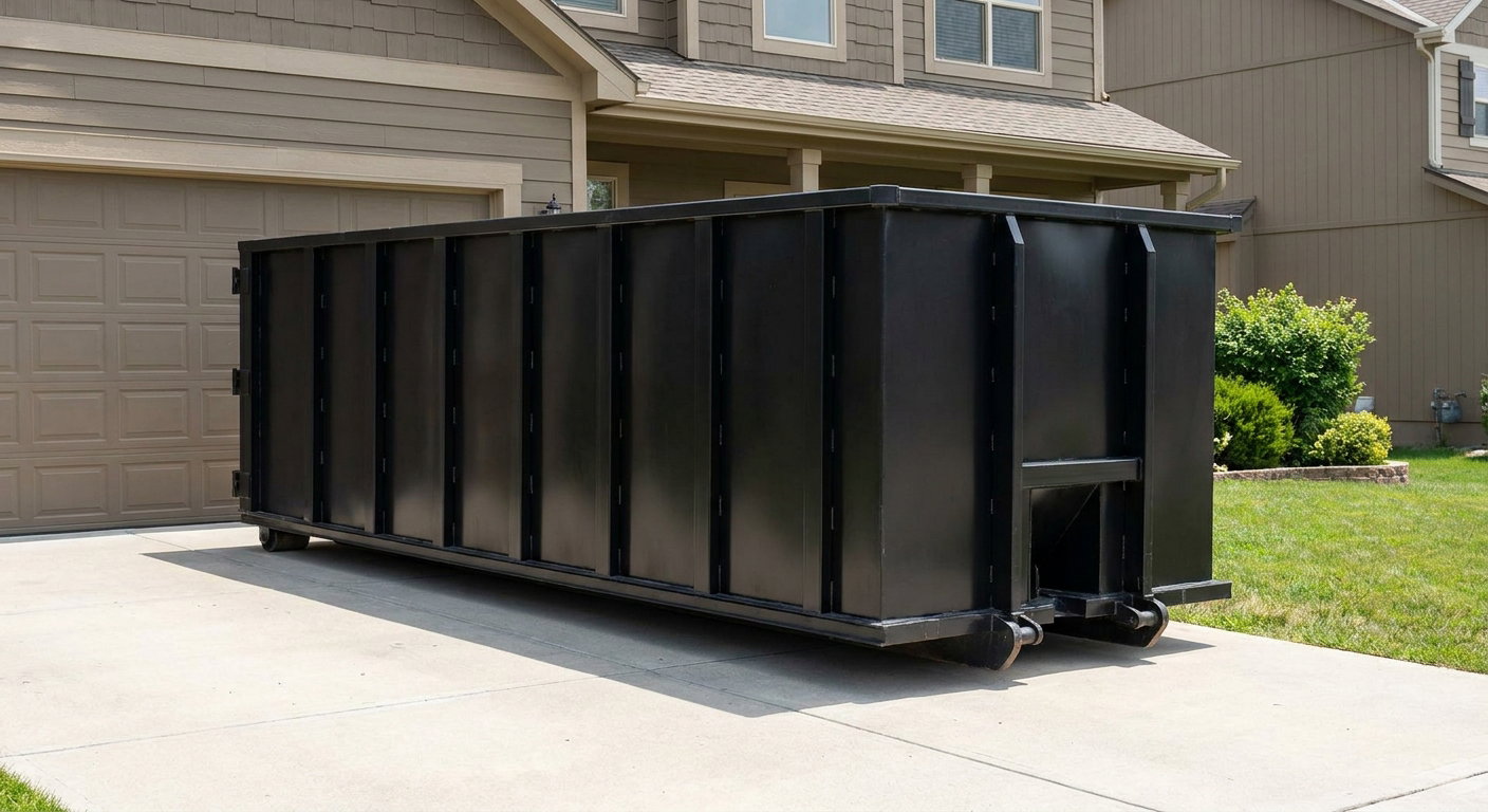 Matte-black residential roll-off dumpster sitting directly on a suburban Sarasota concrete driveway, garage door closed, single-family home in background, bright morning daylight.