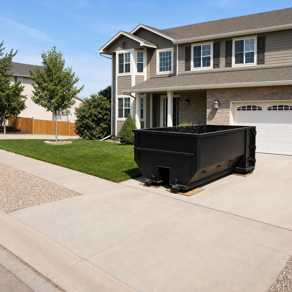 10-yard matte-black residential dumpster placed directly on a narrow Sarasota concrete driveway, room remains for a parked sedan beside it, mid-morning natural light