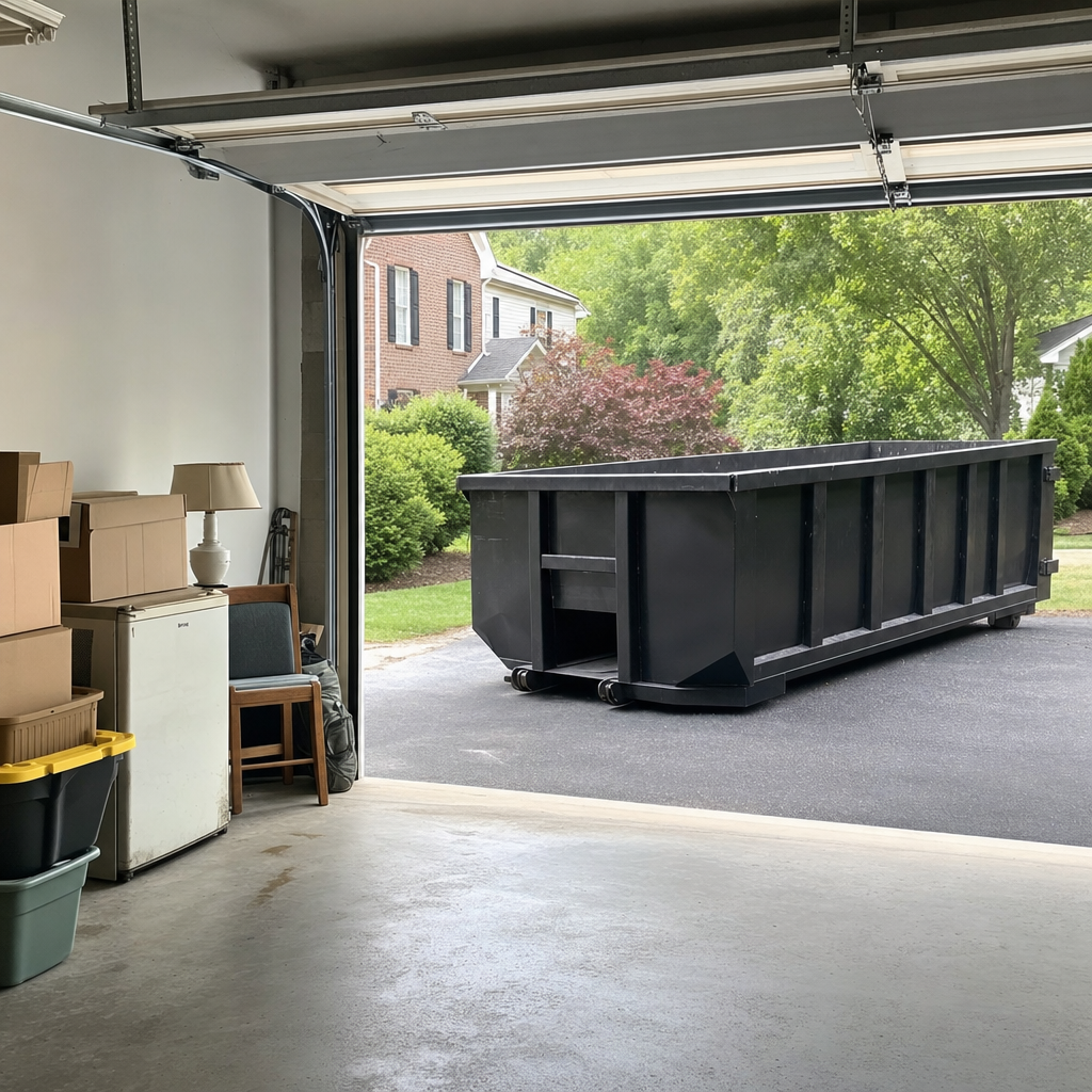 Open garage interior in a Sarasota home mid-cleanout — boxed items, an old appliance, and stacked yard tools queued near the driveway for a matte-black roll-off dumpster, organized and calm