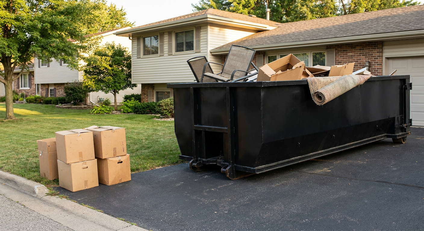 Front-yard view of a Sarasota split-level home with a 20-yard matte-black roll-off dumpster sitting directly on the asphalt driveway, a few clearly labeled donation boxes staged at the curb, calm sunny afternoon.