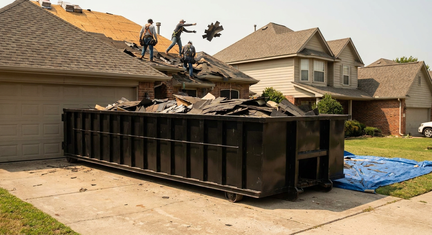 Matte-black roofing roll-off dumpster placed directly on a Sarasota residential concrete driveway, a tear-off crew on a two-story asphalt-shingle roof tossing shingle bundles into the low-walled container, bright daylight, documentary 35mm perspective.