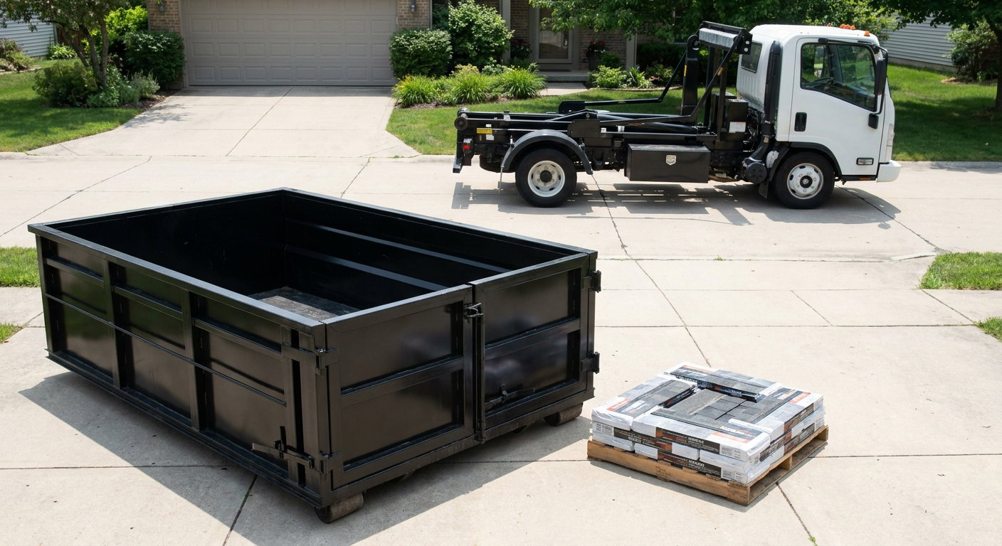 Matte-black 15-yard roofing roll-off dumpster with reinforced low side walls sitting directly on a Sarasota residential concrete driveway, three-tab asphalt shingle bundles stacked nearby, an unmarked white hauler truck partially visible at the edge of the frame.