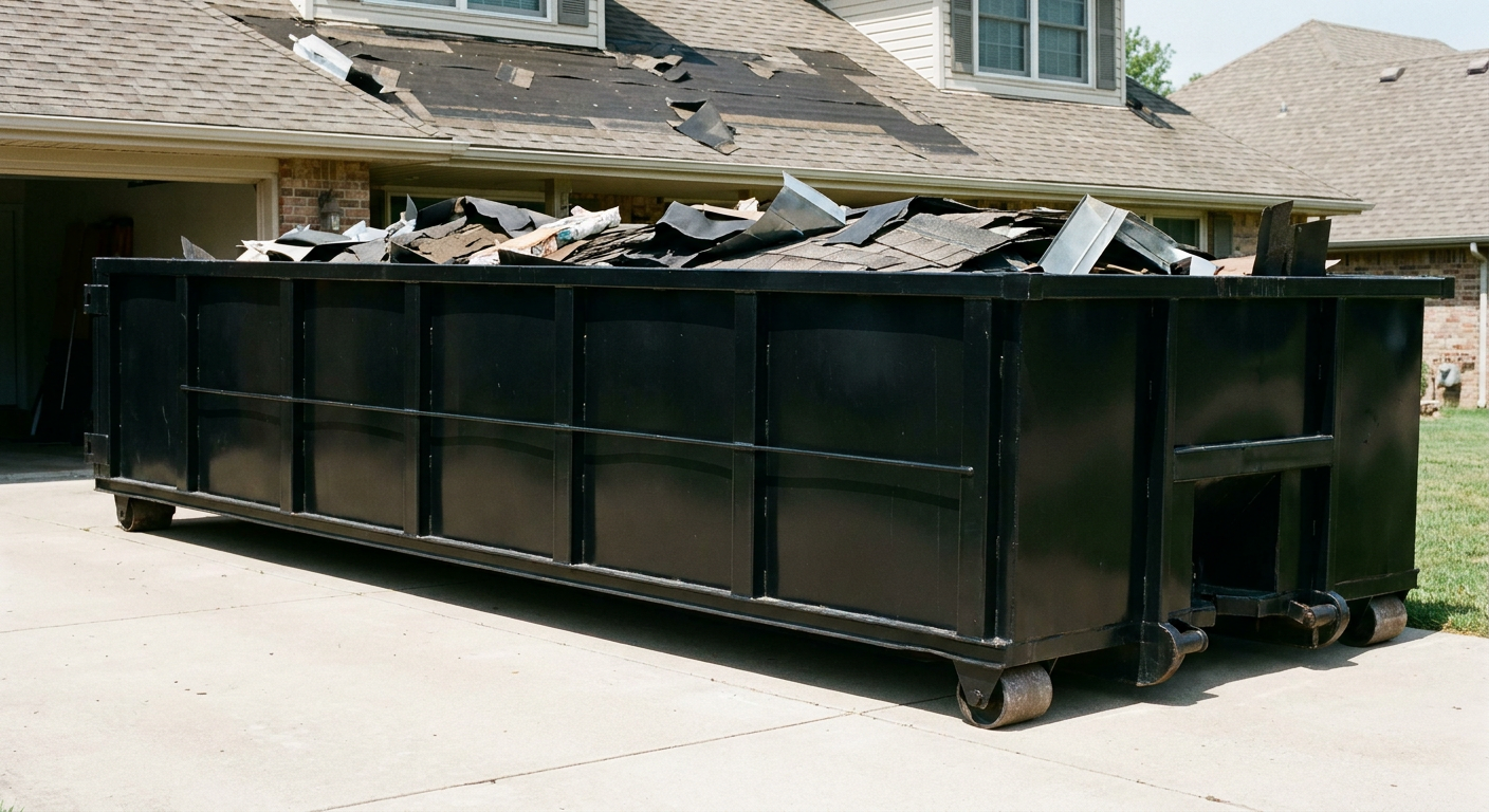 Matte-black 20-yard roofing roll-off dumpster with steel ribbed sides and swinging rear door, sitting directly on the concrete driveway of a two-story Sarasota home, asphalt shingle debris being loaded over the low wall, clean documentary lighting.