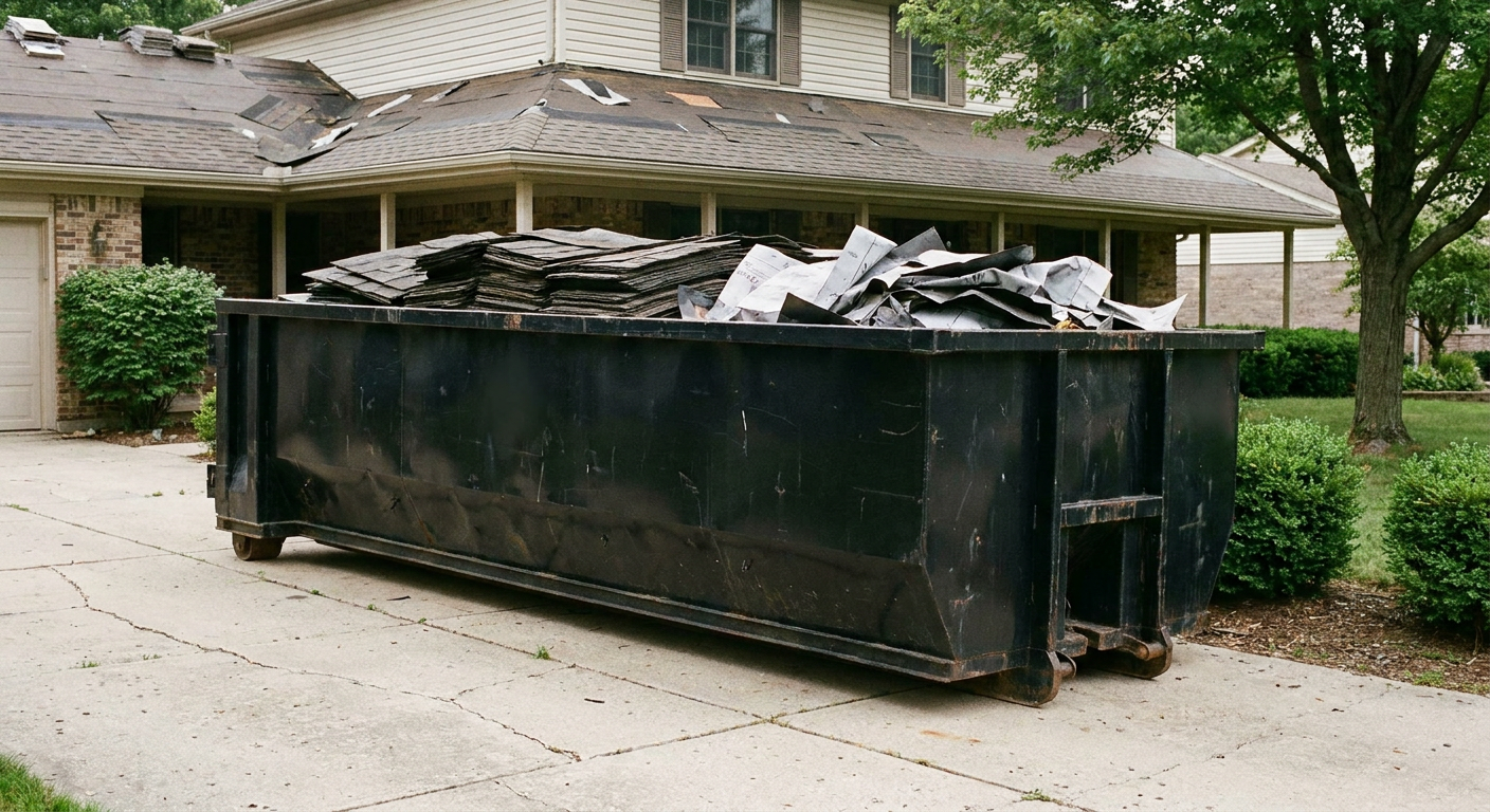 Matte-black 30-yard roofing roll-off dumpster sitting directly on a Sarasota concrete driveway, taller ribbed steel side panels, mixed tear-off debris of asphalt shingles and underlayment inside, professional documentary daylight.