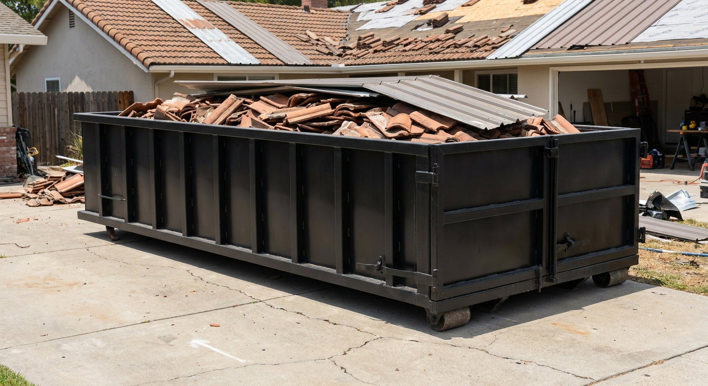 Matte-black low-wall heavy-debris roofing roll-off dumpster sitting directly on a Sarasota concrete driveway, broken concrete clay roof tiles and metal panel sections loaded inside, reinforced ribbed steel side walls visible, bright outdoor daylight.
