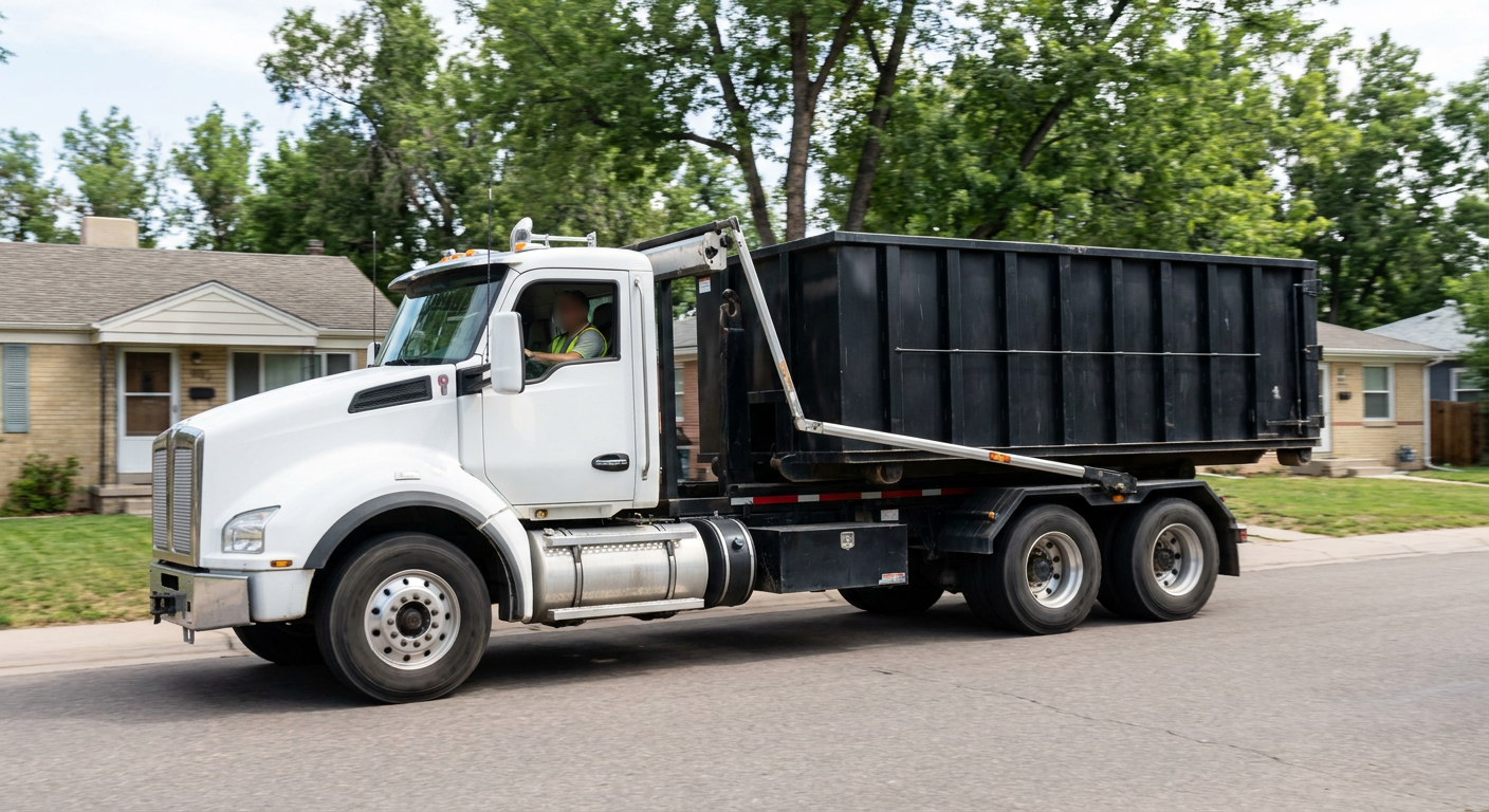 A wide documentary shot of a matte-black roll-off delivery truck pulling onto a quiet Sarasota residential street at mid-morning, with neighborhood rooftops and tree-lined blocks visible behind, showing the metro coverage footprint.