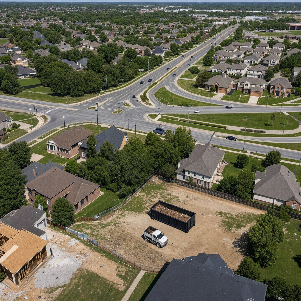 An overhead documentary view of the Sarasota metro area at midday, showing the spread of neighborhoods, arterial roads, and the dispatch radius from a central yard — clean daylight, organized geographic layout.