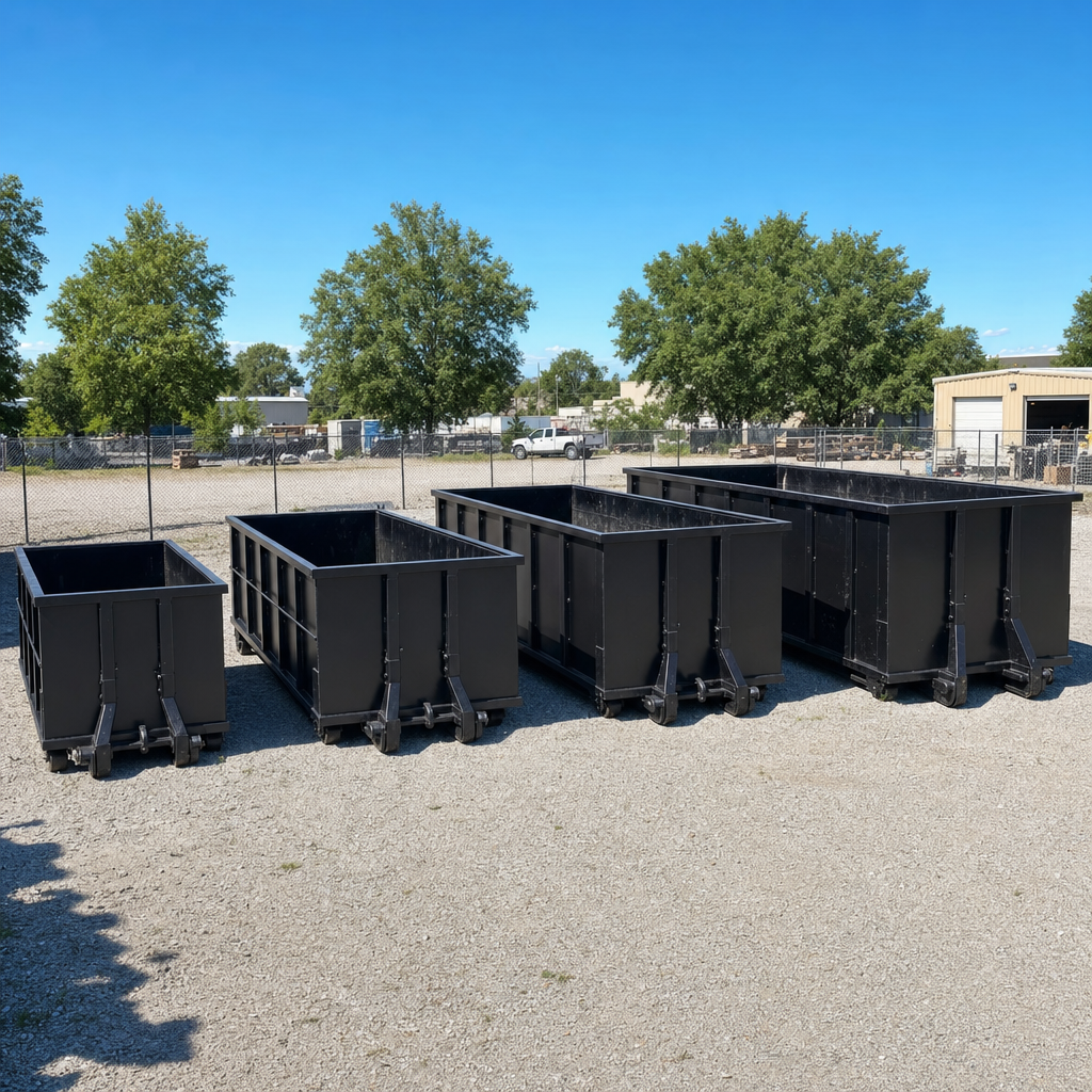 A clean lineup of matte-black roll-off dumpsters in 10, 20, 30, and 40-yard sizes staged on a sunlit gravel yard in Sarasota, showing the size progression from compact to commercial-scale containers.