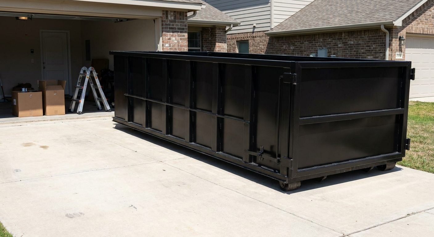 A matte-black 10-yard roll-off dumpster sitting directly on a residential Sarasota concrete driveway, mid-day sunlight, clean and ready for a garage cleanout.
