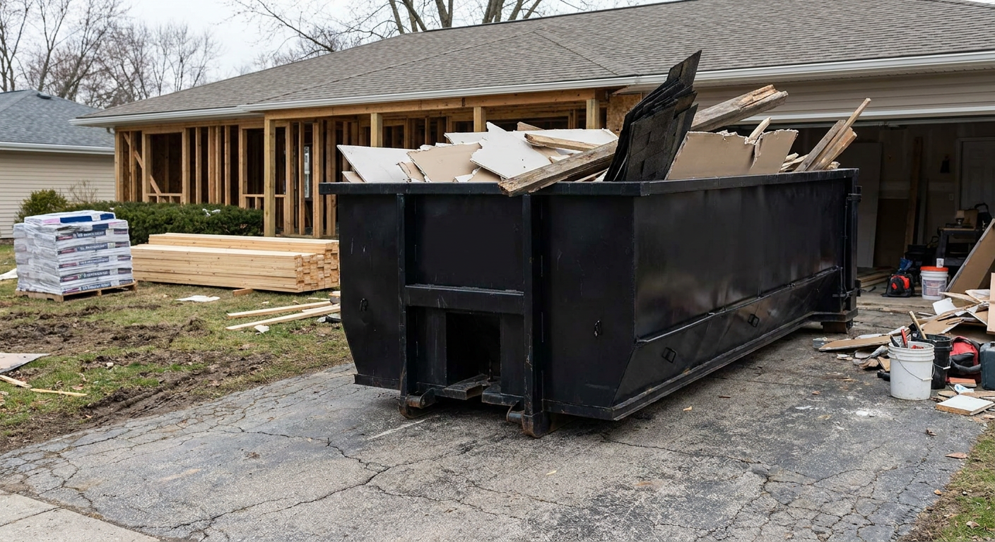 A matte-black 20-yard roll-off dumpster placed alongside a mid-renovation Sarasota home directly on the asphalt driveway, with framing materials and torn-off shingles staged neatly nearby.