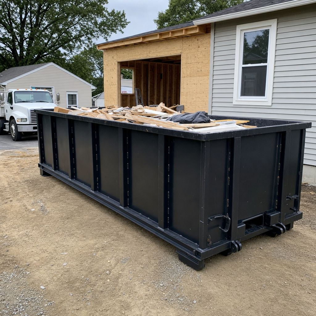 A matte-black 30-yard roll-off dumpster positioned at a Sarasota residential addition jobsite, with framing lumber and drywall scraps loaded through the open swinging rear doors.