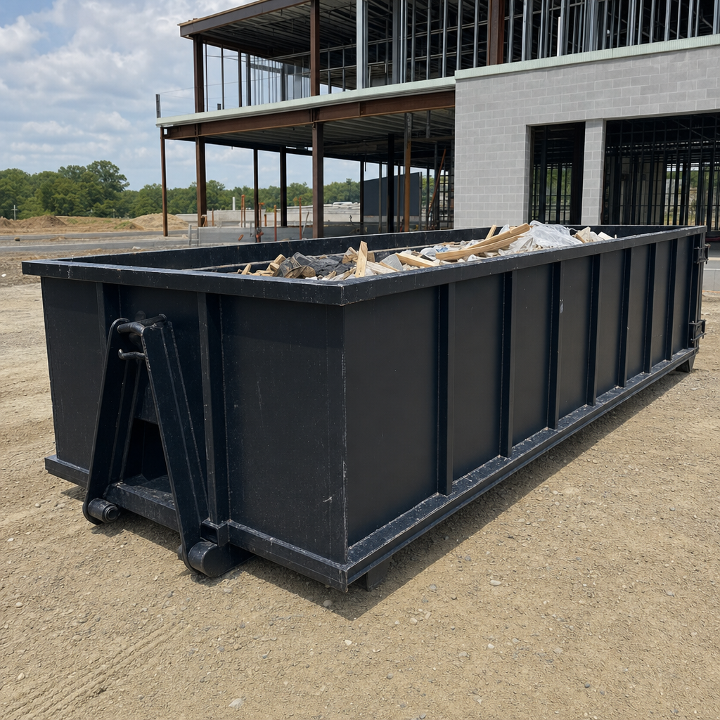 A matte-black 40-yard roll-off dumpster staged on a large Sarasota commercial construction lot, with a hooklift delivery truck parked alongside under bright midday sky.