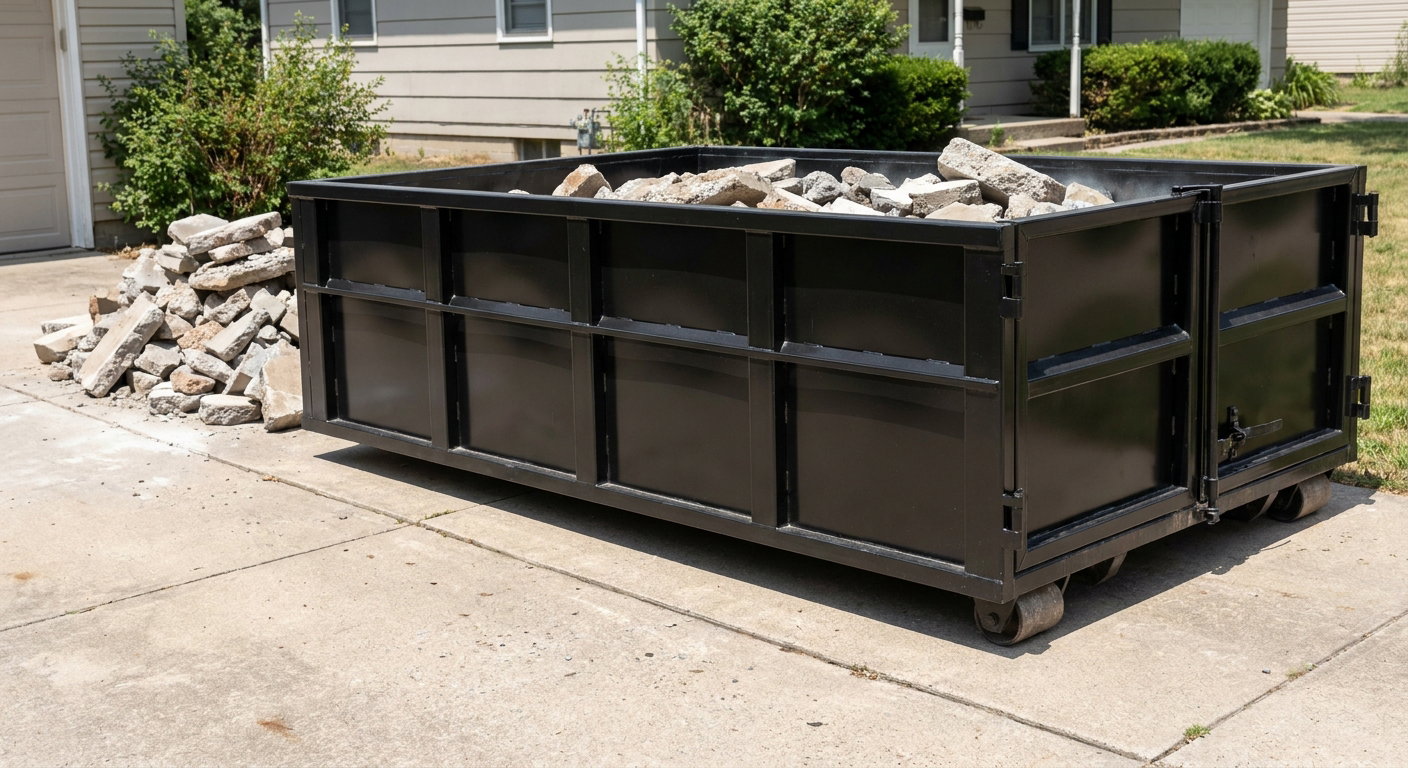 A matte-black low-side heavy-debris roll-off dumpster placed directly on a Sarasota concrete driveway, with broken concrete chunks neatly stacked beside it under clean daylight.
